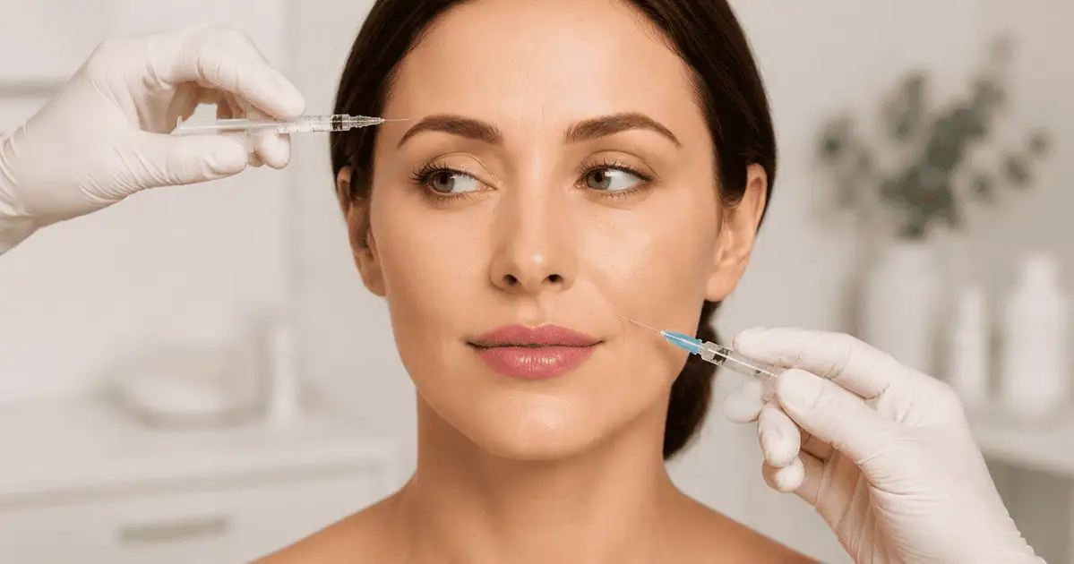 Woman receiving Botox or fillers injections during a facial rejuvenation treatment